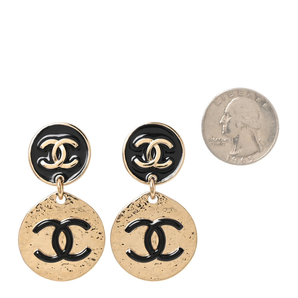 Enamel CC Disc Drop Earrings Gold Black