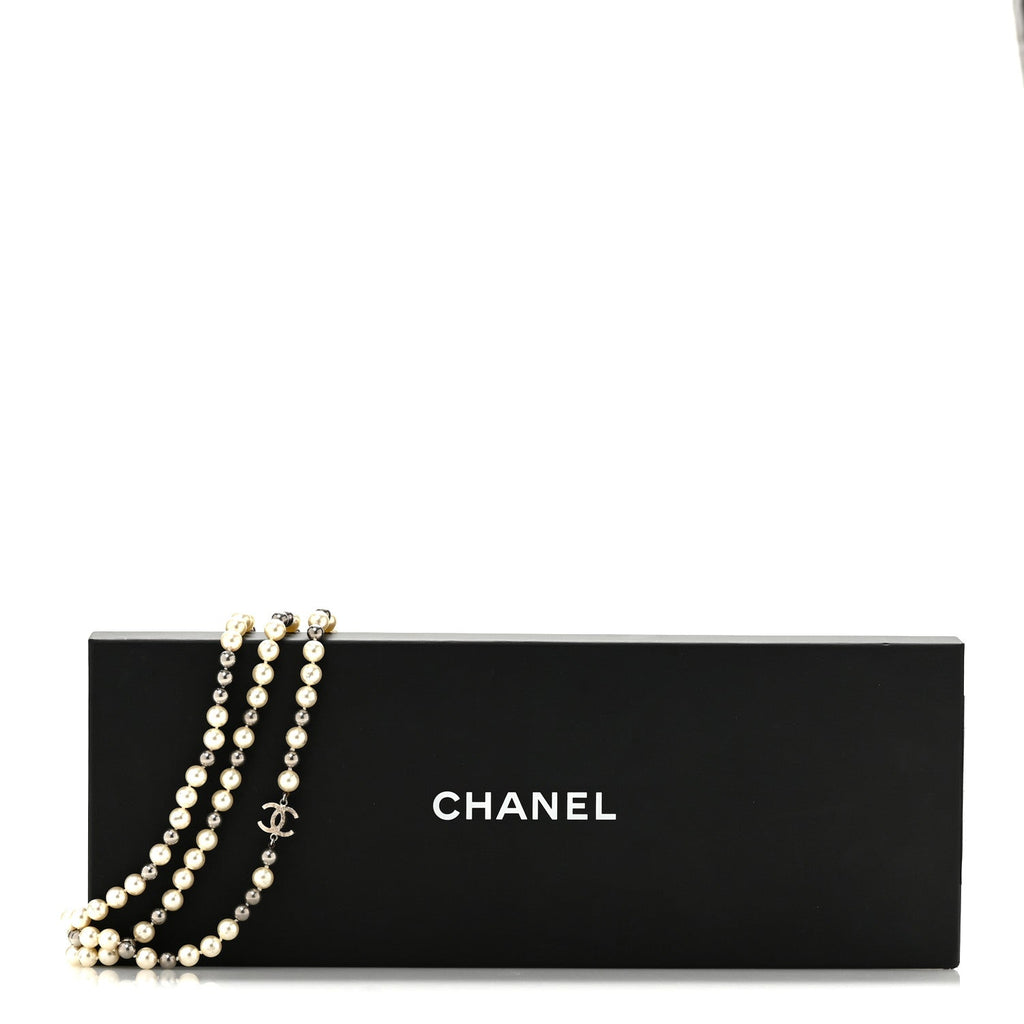 Pearl CC Multi Strand Long Necklace Silver Pearly White Grey