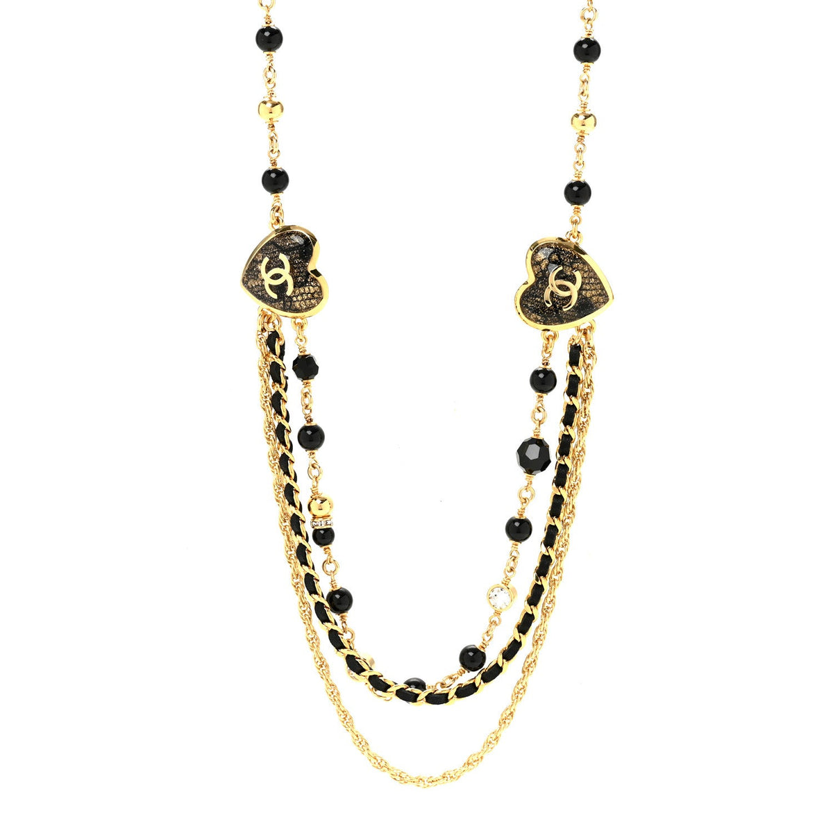 Crystal Beaded CC Heart Long Necklace Gold Black