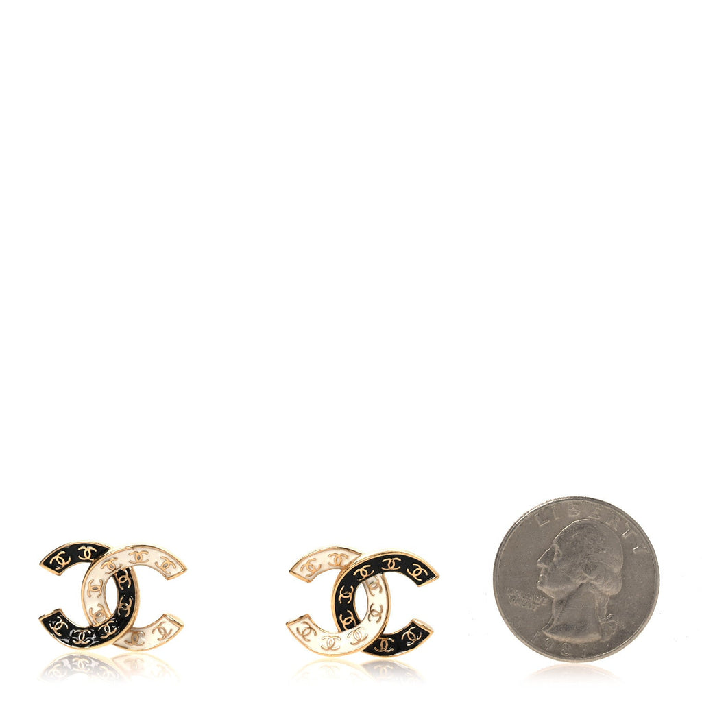 Enamel CC Logo Earrings Gold Black White