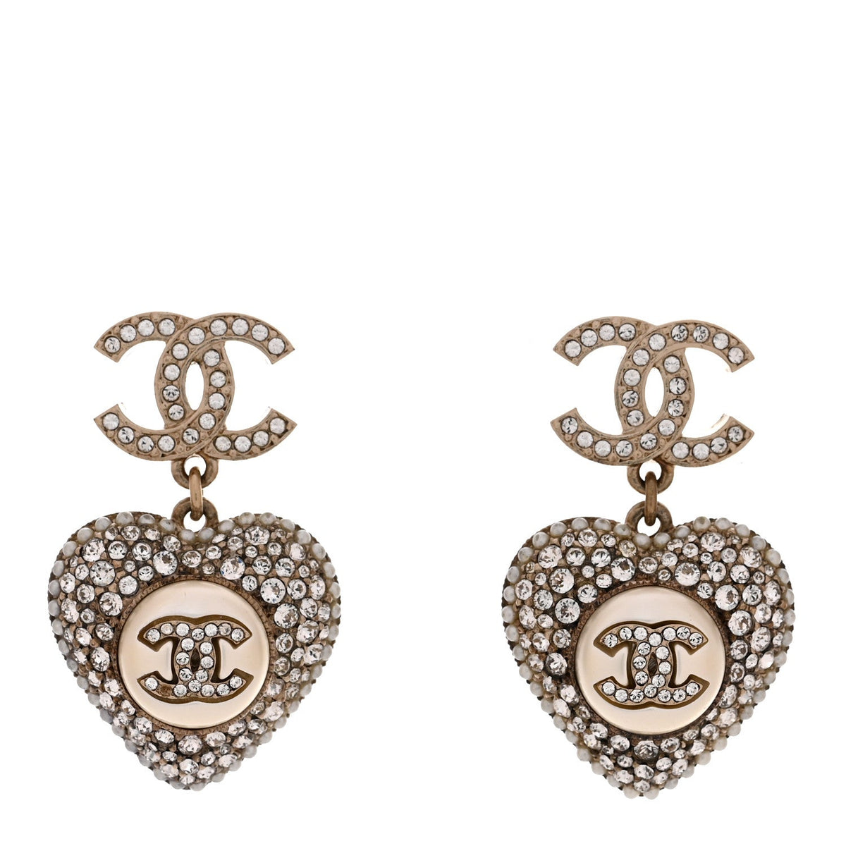 Pearl Crystal CC Heart Drop Earrings Gold White