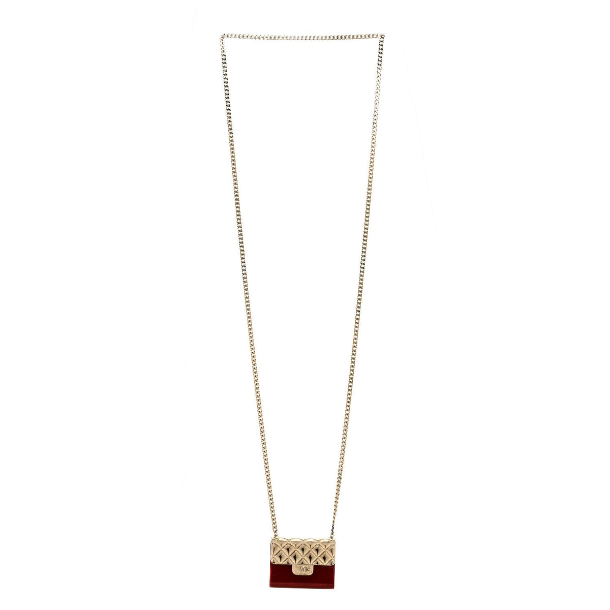 Metal Resin Flap Bag Long Necklace Gold Red