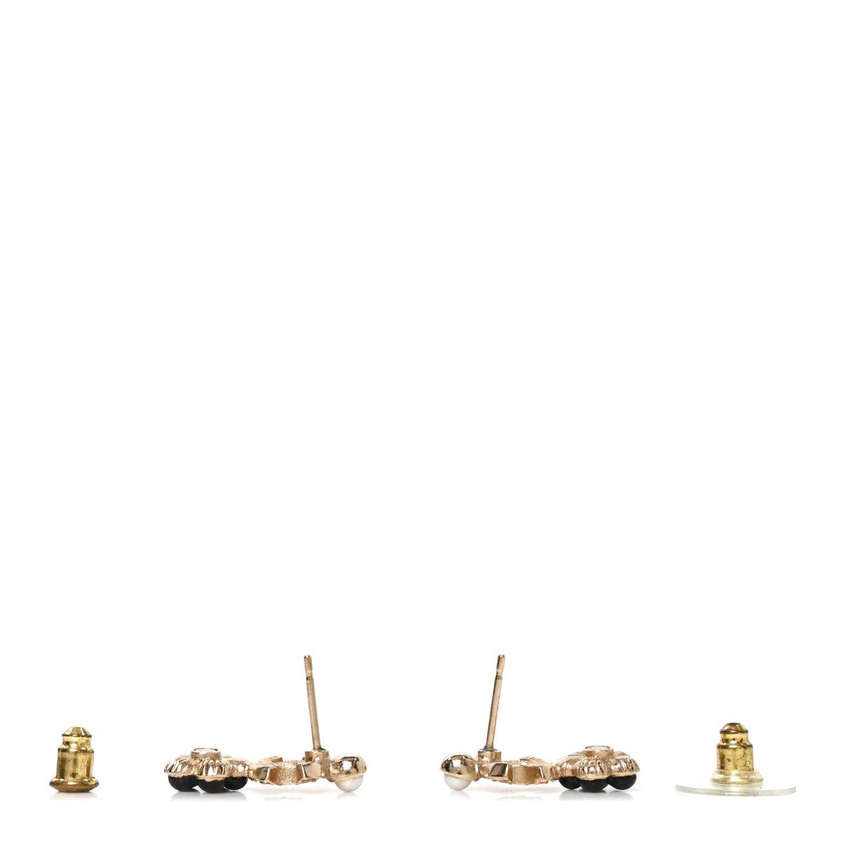 Crystal Pearl CC Flower Earrings Black Gold