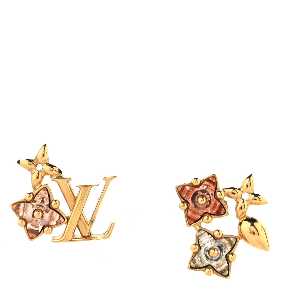 Metal Crystal Loulougram Monogram Flowers Earrings Gold