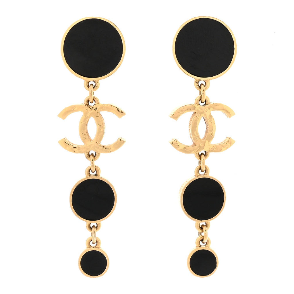 Metal Resin Disc CC Long Drop Earrings Gold Black