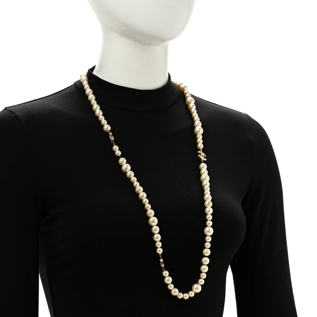 Crystal Pearl CC Long Necklace Gold