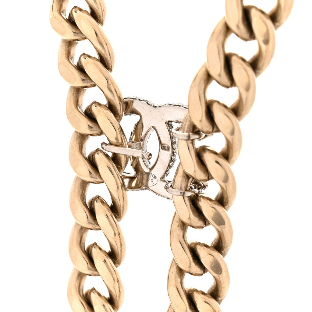 Chain Link Crystal CC Dog Tag Charm Necklace Gold