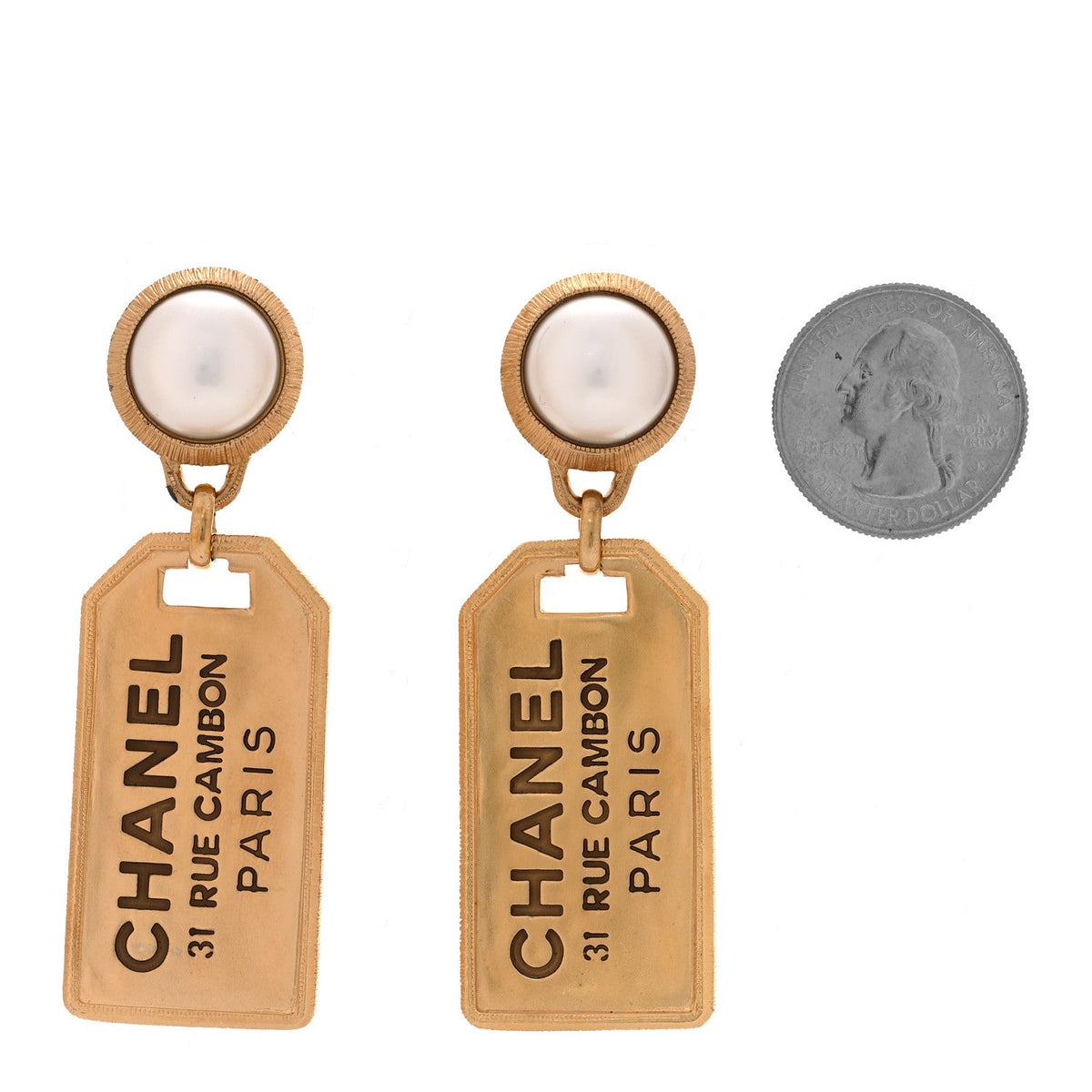 Pearl CC Tags Drop Earrings Gold