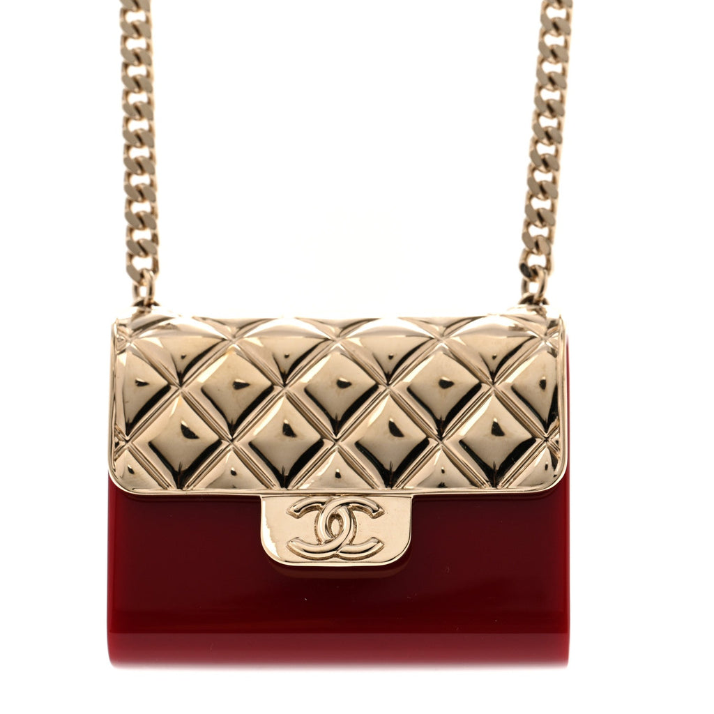 Metal Resin Flap Bag Long Necklace Gold Red
