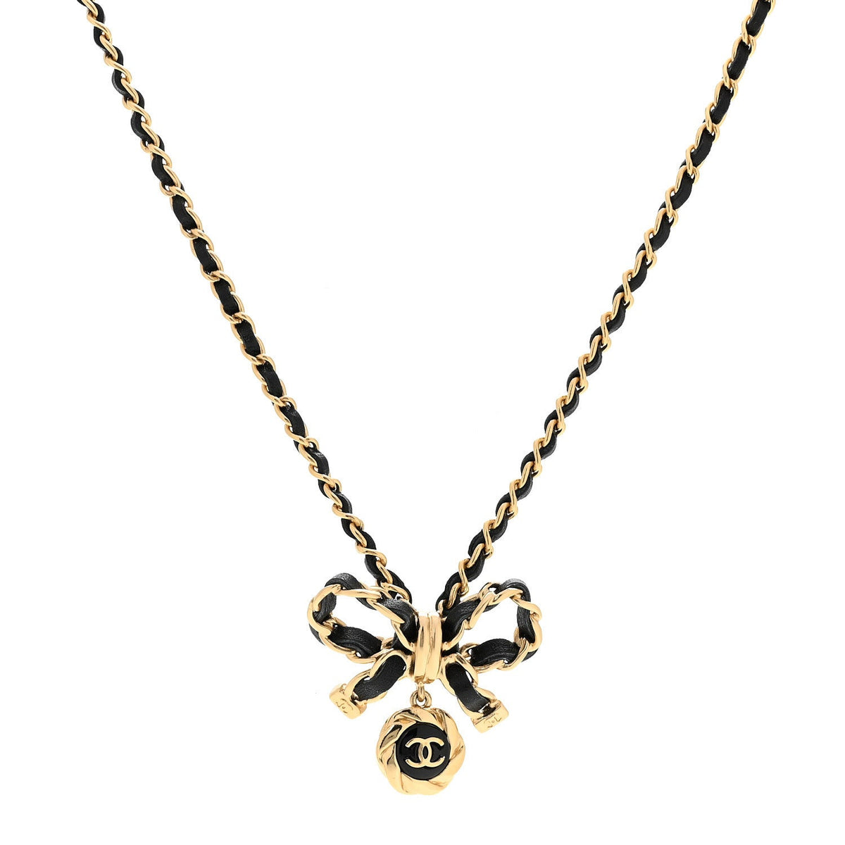 Metal Lambskin Chain CC Bow Necklace Black Gold