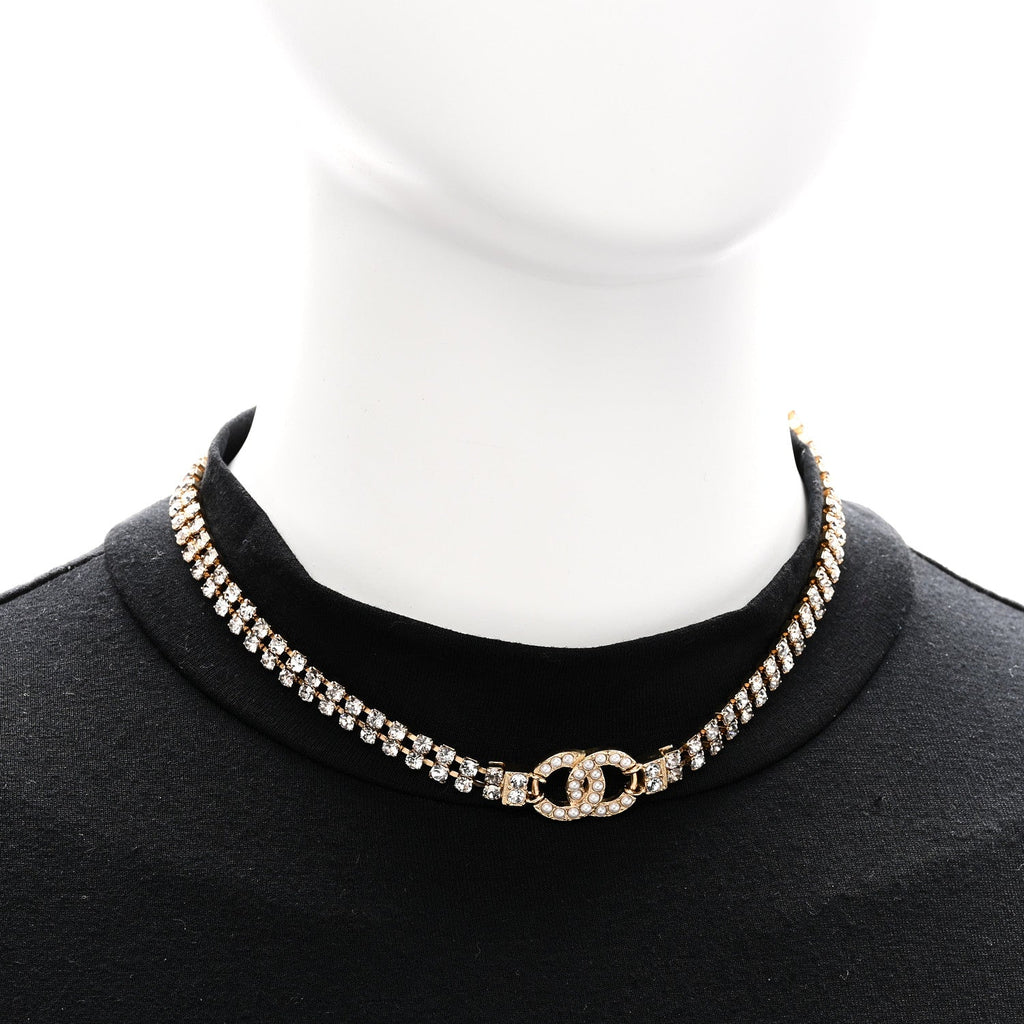 Crystal Pearl CC Choker Necklace Gold