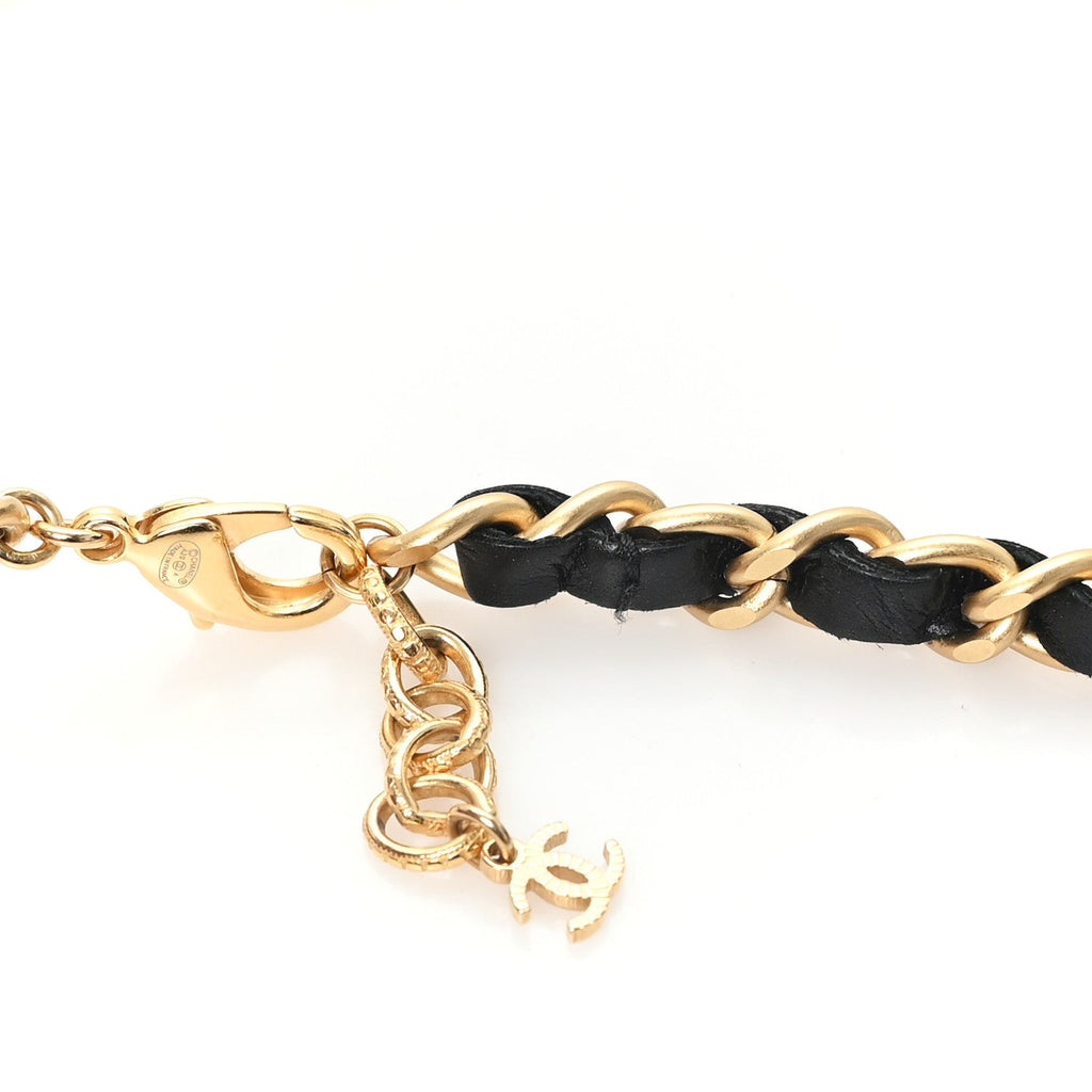 Calfskin Pearl Chain 90's Camellia Long Necklace Black Gold