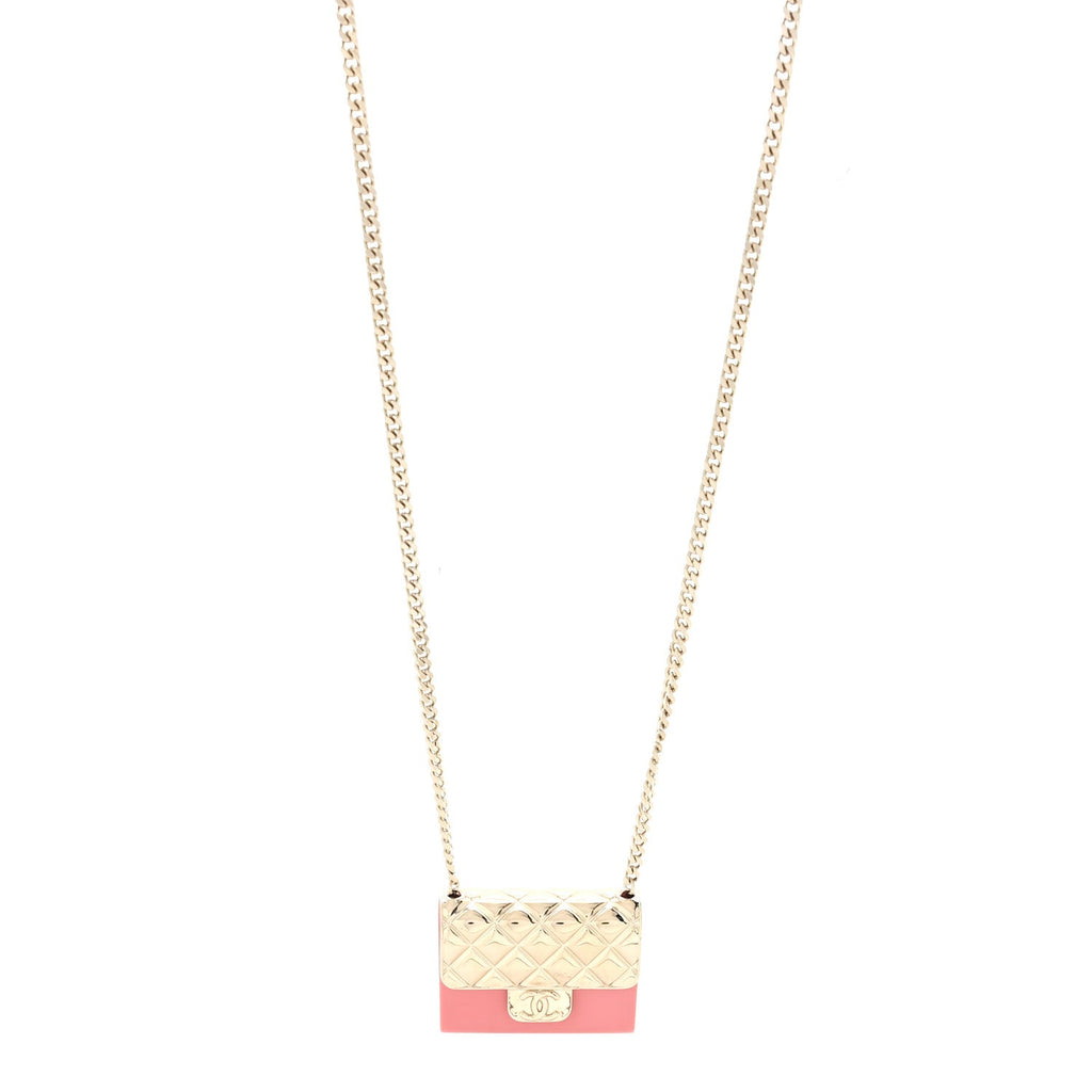 Metal Resin Flap Bag Long Necklace Gold Red