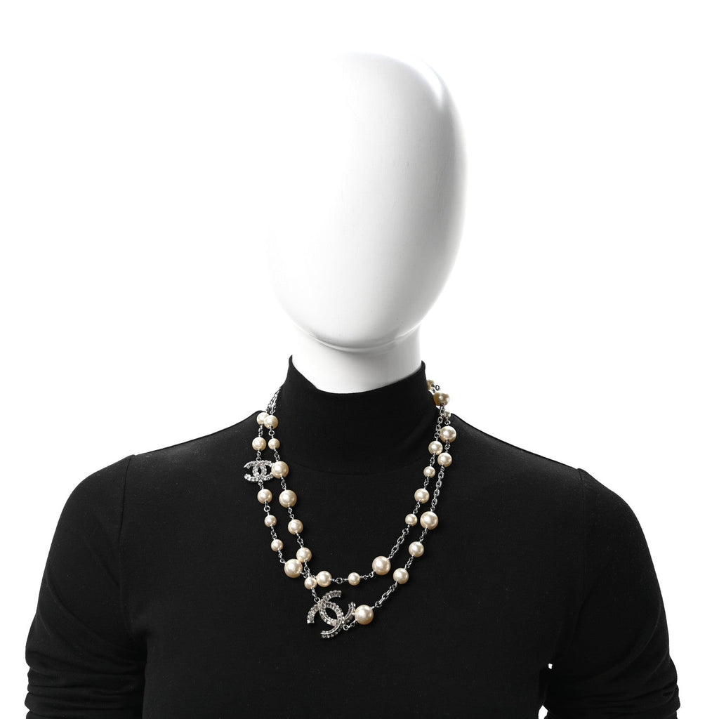 Graduated Pearl Crystal CC Long Necklace Silver