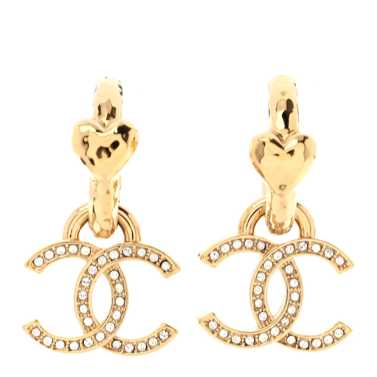 Metal Crystal Studded CC Hoop Drop Earrings Gold