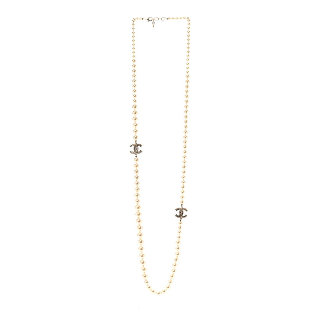 Pearl Baguette Crystal Long CC Necklace Gold