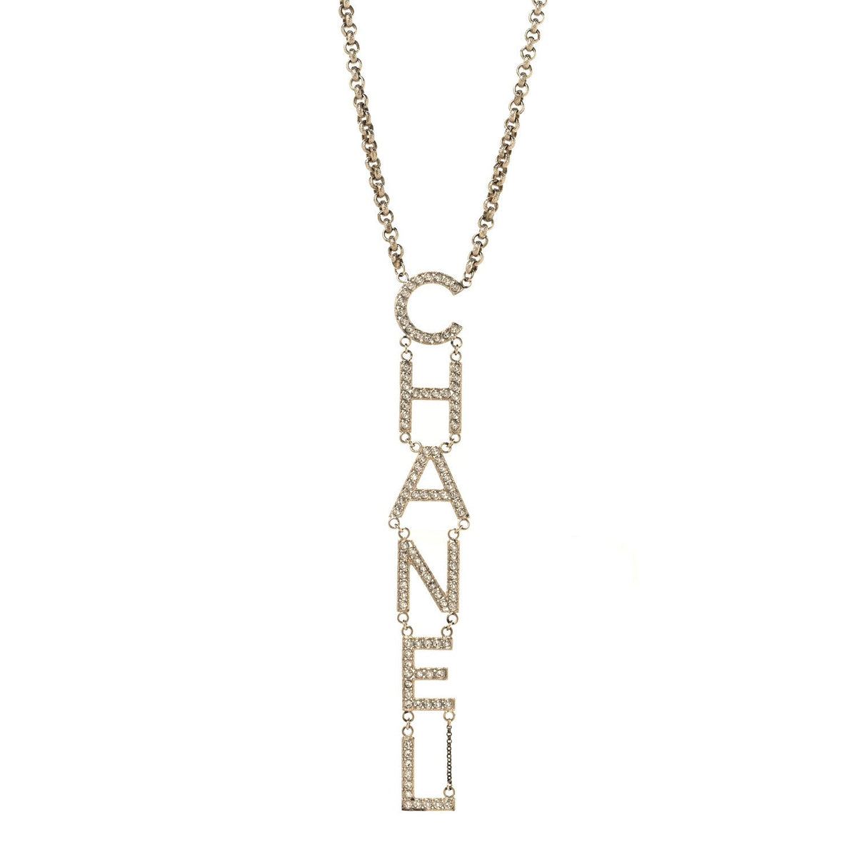 Metal Crystal Cha-Nel Logo Necklace Gold