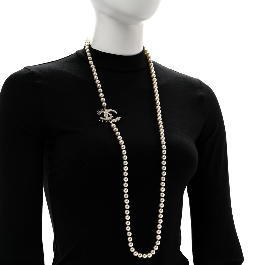 Pearl Crystal Lambskin CC Long Necklace Gold Black