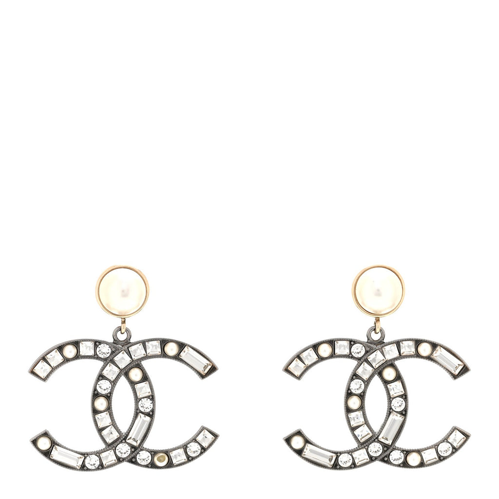 Crystal Pearl CC Drop Earrings Gold Silver