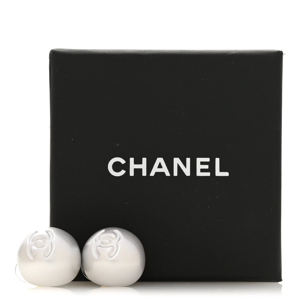 Resin Metal CC Stud Earrings Silver Pearly White