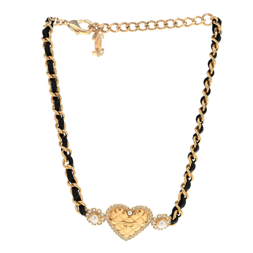 Metal Lambskin Glass Pearl Strass Heart Choker Gold Black