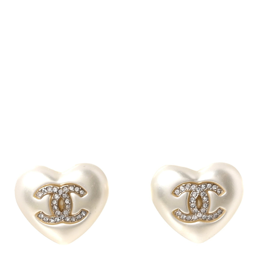 Pearl Crystal CC Heart Earrings Gold