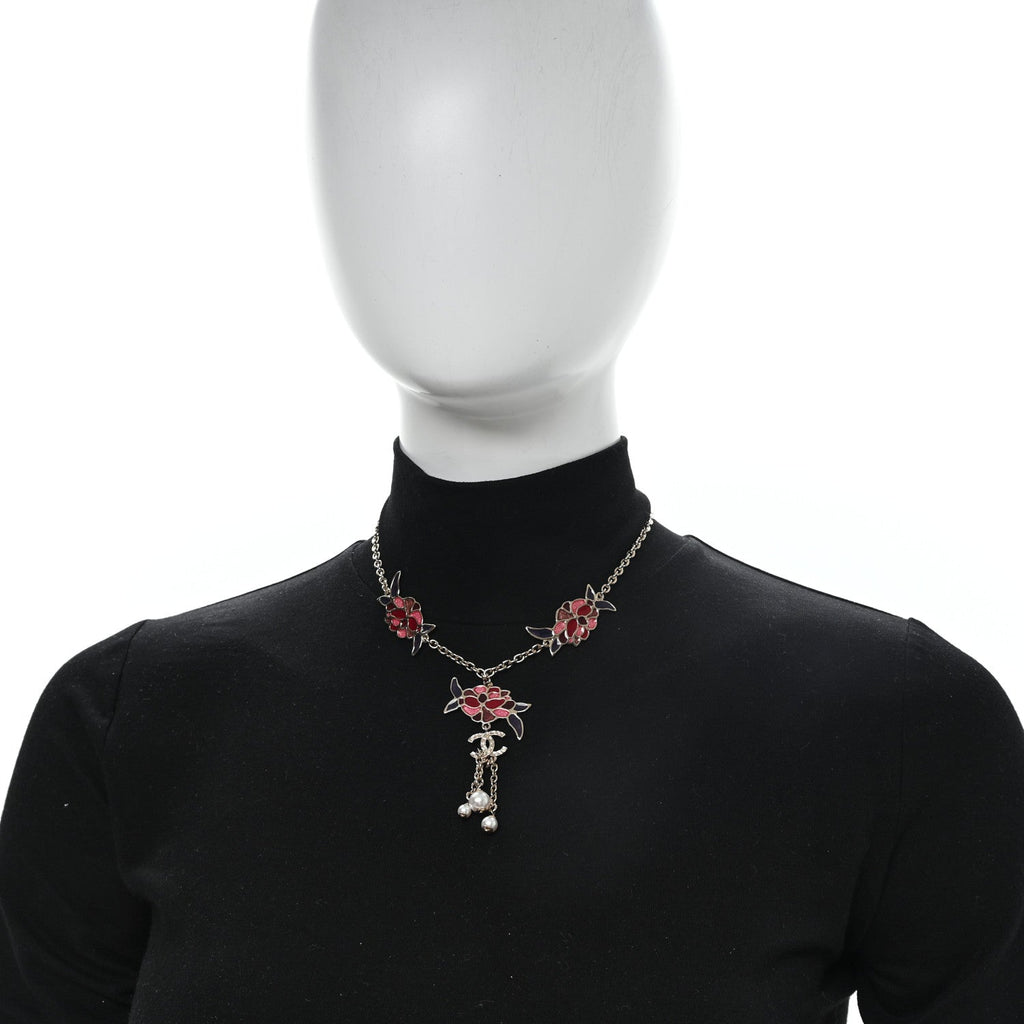 Resin Pearl Metal CC Camellia Necklace Pink Gold