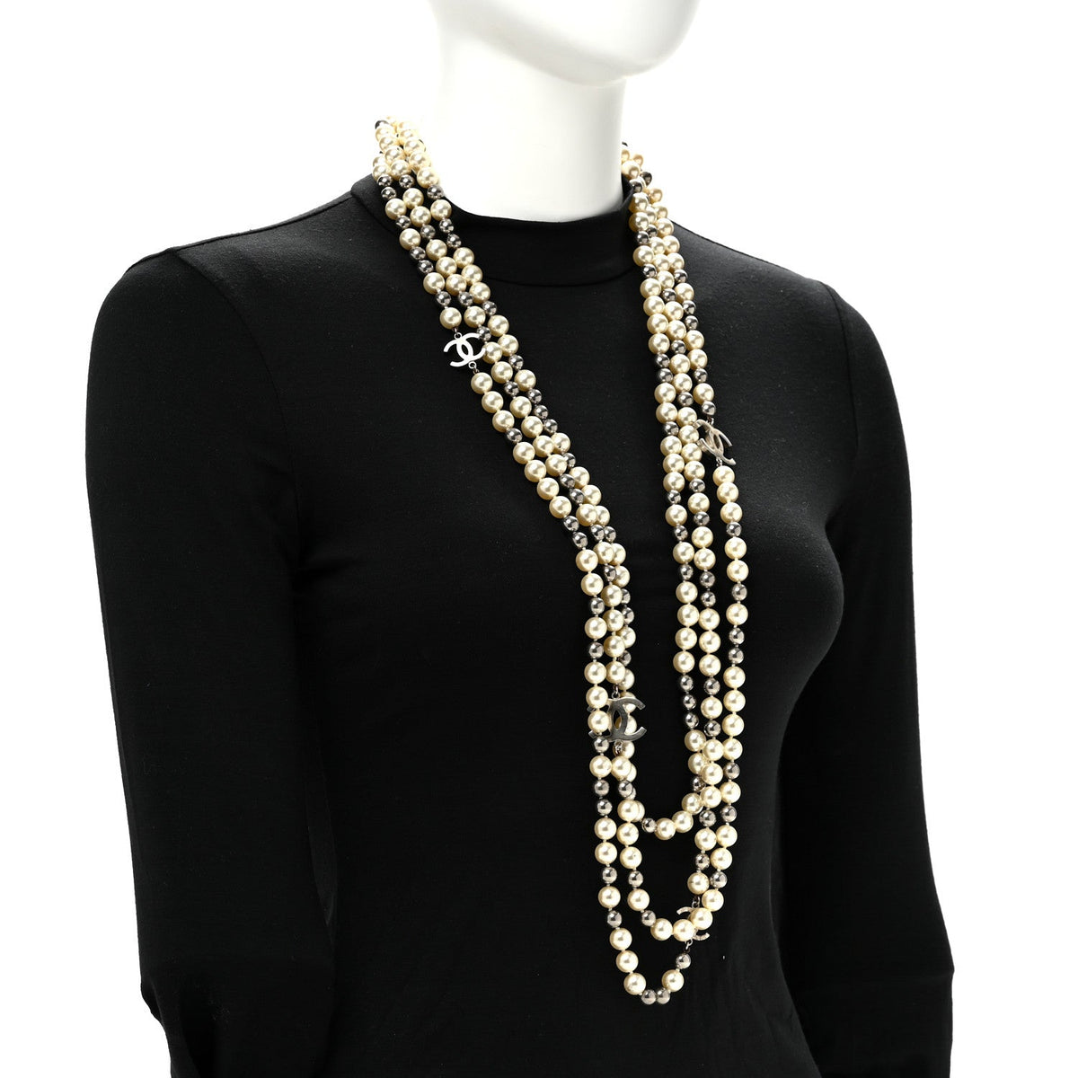 Pearl CC Multi Strand Long Necklace Silver Pearly White Grey