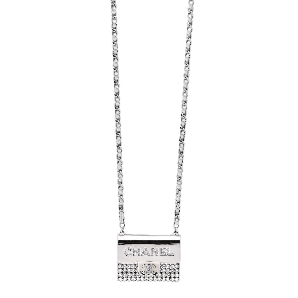 Metal Lambskin Strass Crystal Purse CC Long Necklace Silver