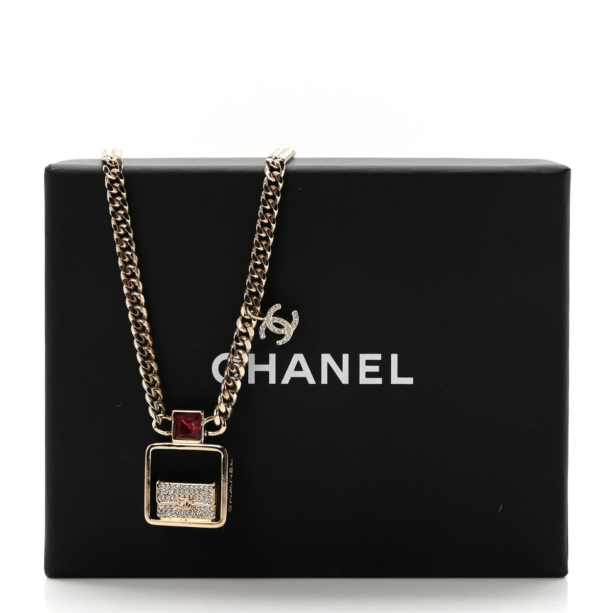 Metal Crystal Quilted Flap Bag Necklace Red Gold