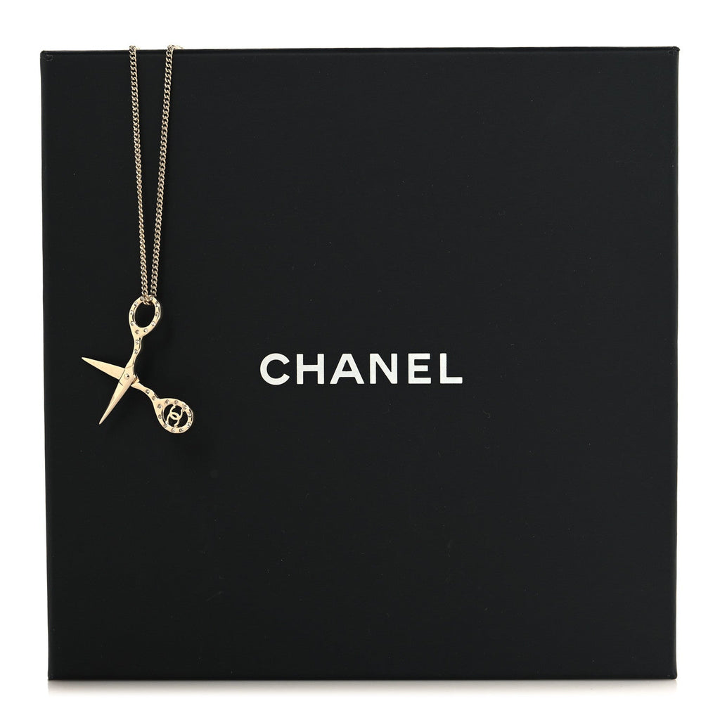 Metal Strass Crystal Scissors CC Pendant Necklace Gold