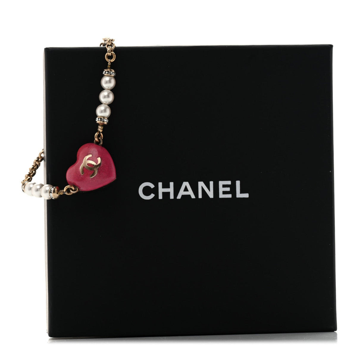 Resin Crystal Pearl Chain Heart CC Bracelet Pink White Gold