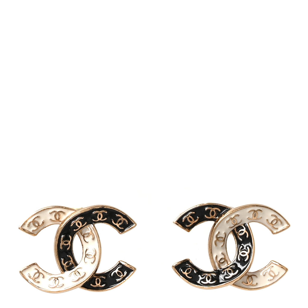 Enamel CC Logo Earrings Gold Black White