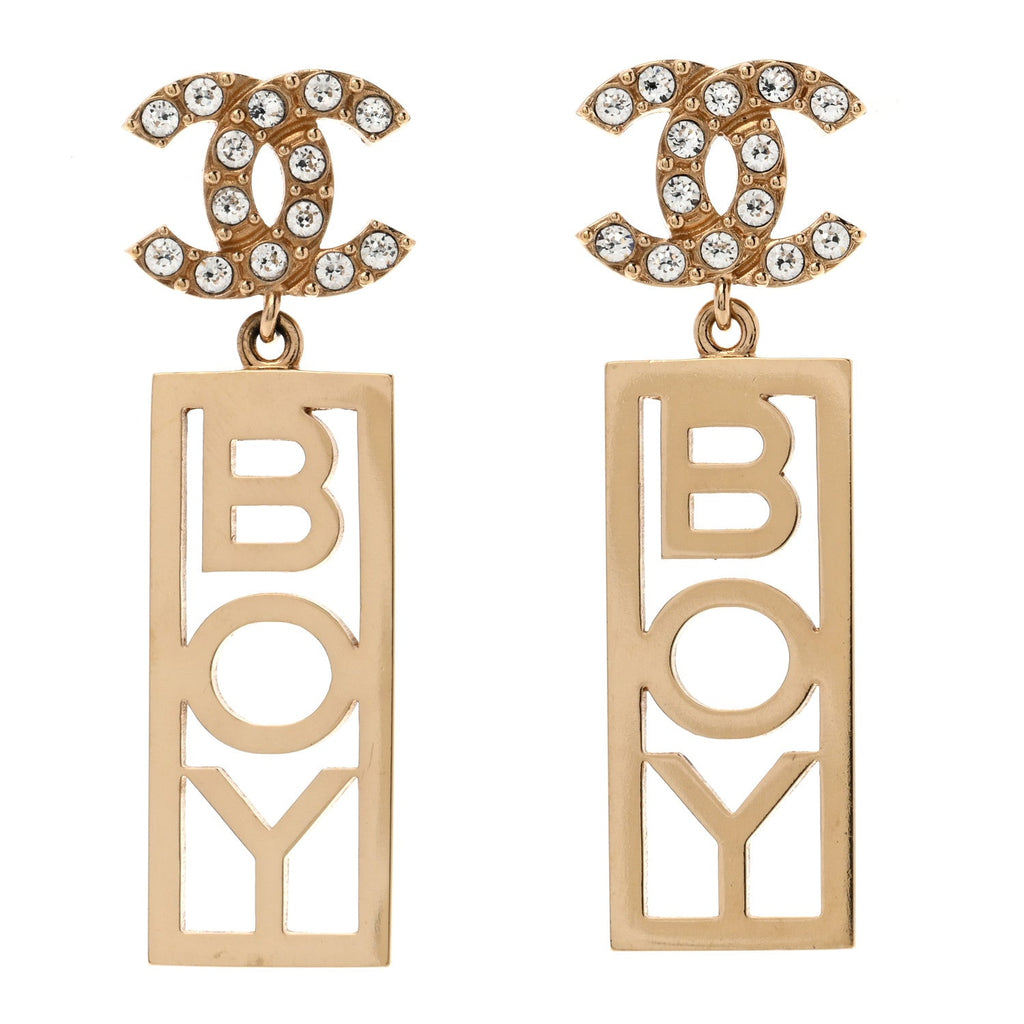 Metal Crystal CC Boy Drop Earrings Gold