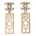 Metal Crystal CC Boy Drop Earrings Gold