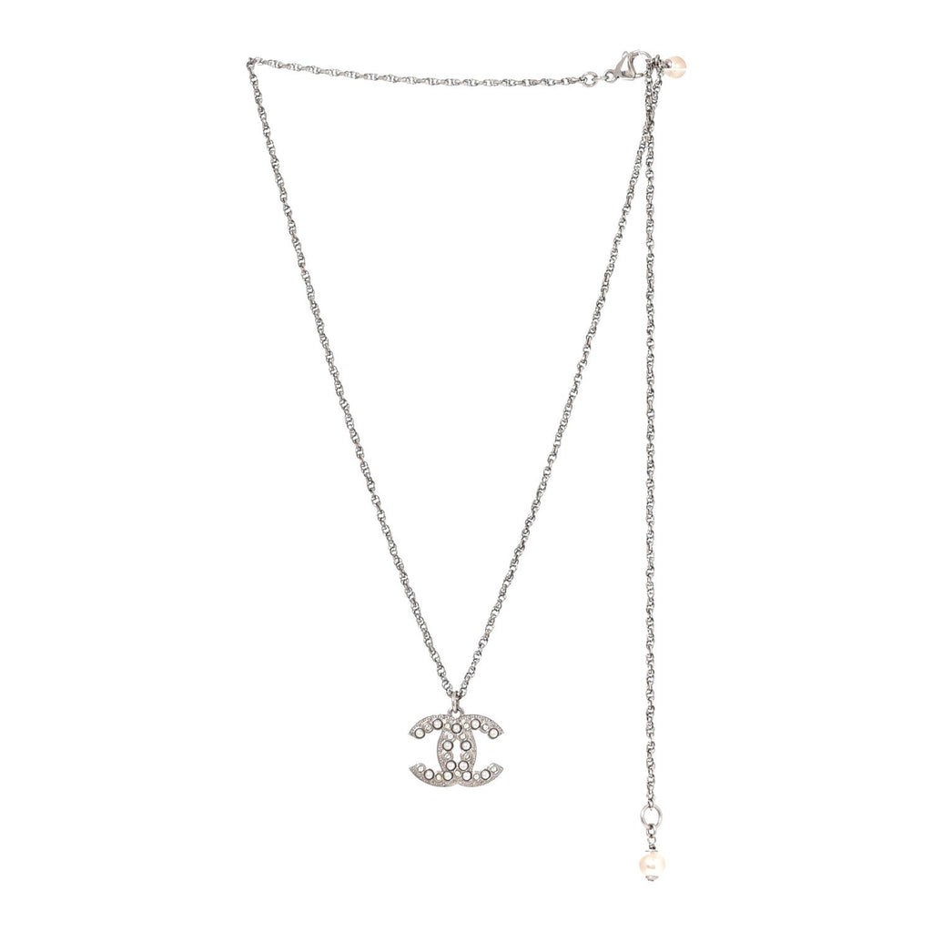 Crystal Pearl CC Necklace Silver