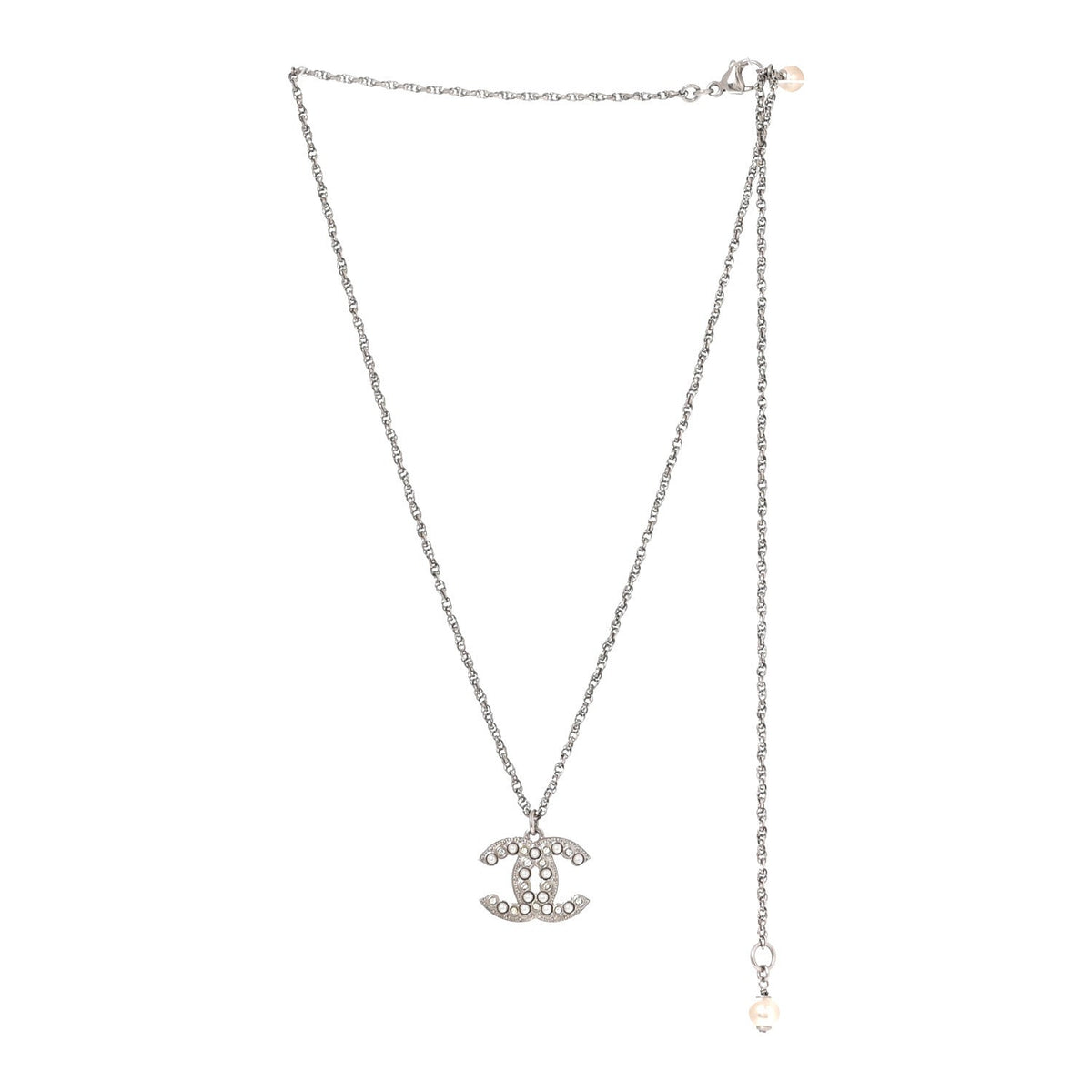 Crystal Pearl CC Necklace Silver
