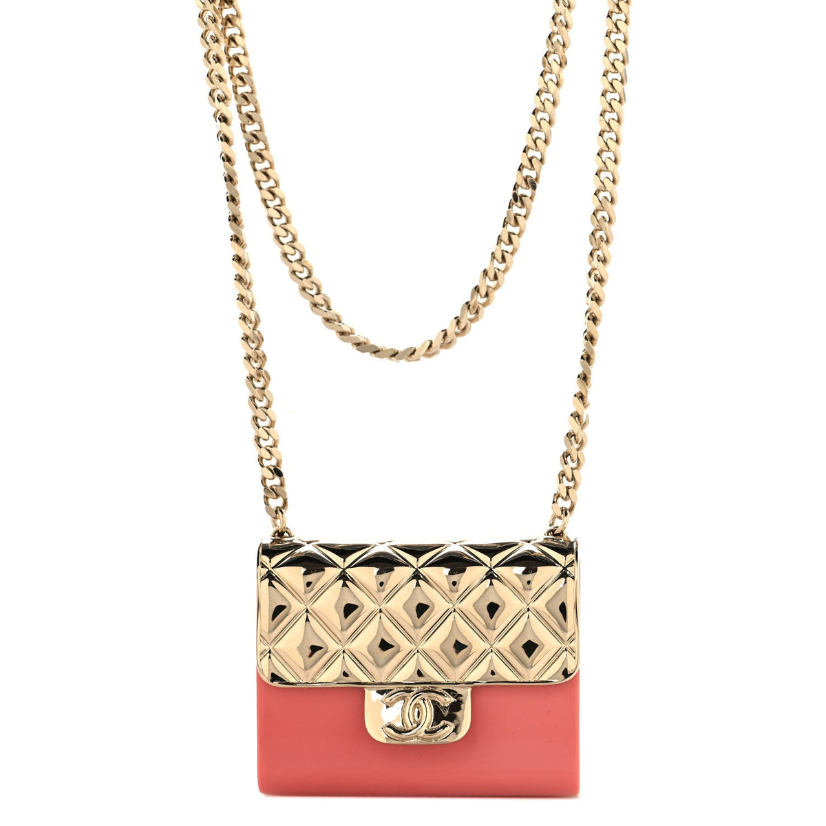 Metal Resin Lambskin Flap Bag Long Necklace Gold Pink