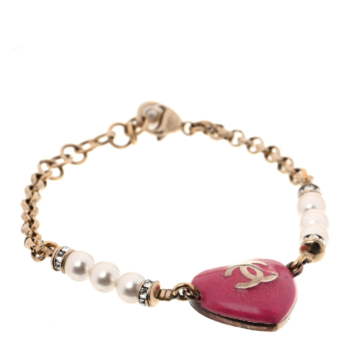 Resin Crystal Pearl Chain Heart CC Bracelet Pink White Gold