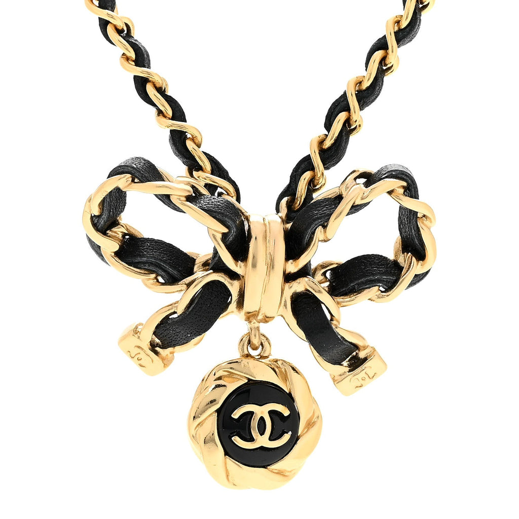 Metal Lambskin Chain CC Bow Necklace Black Gold