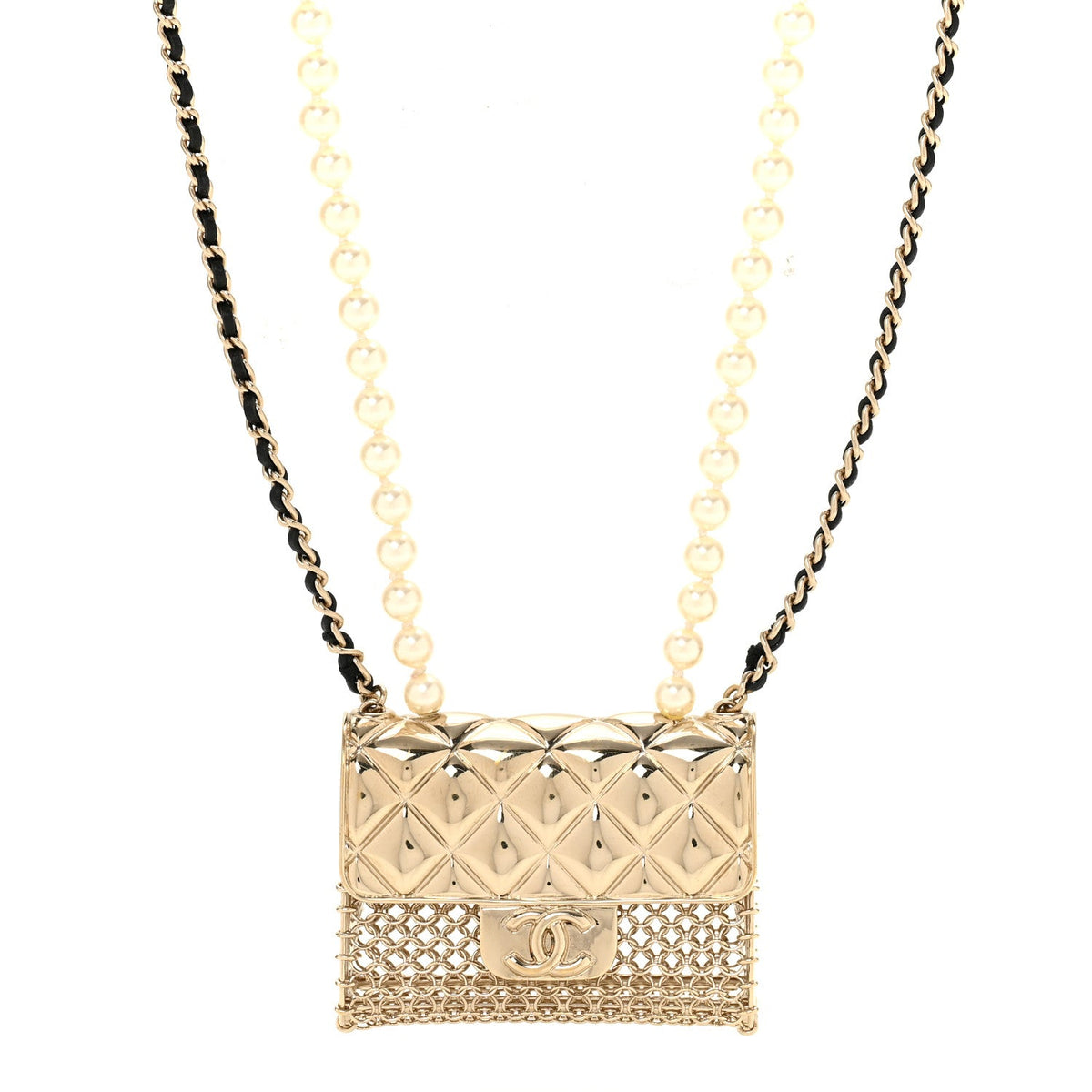 Metal Lambskin Pearl Chain Flap Bag Long Necklace Gold Black Pearly White