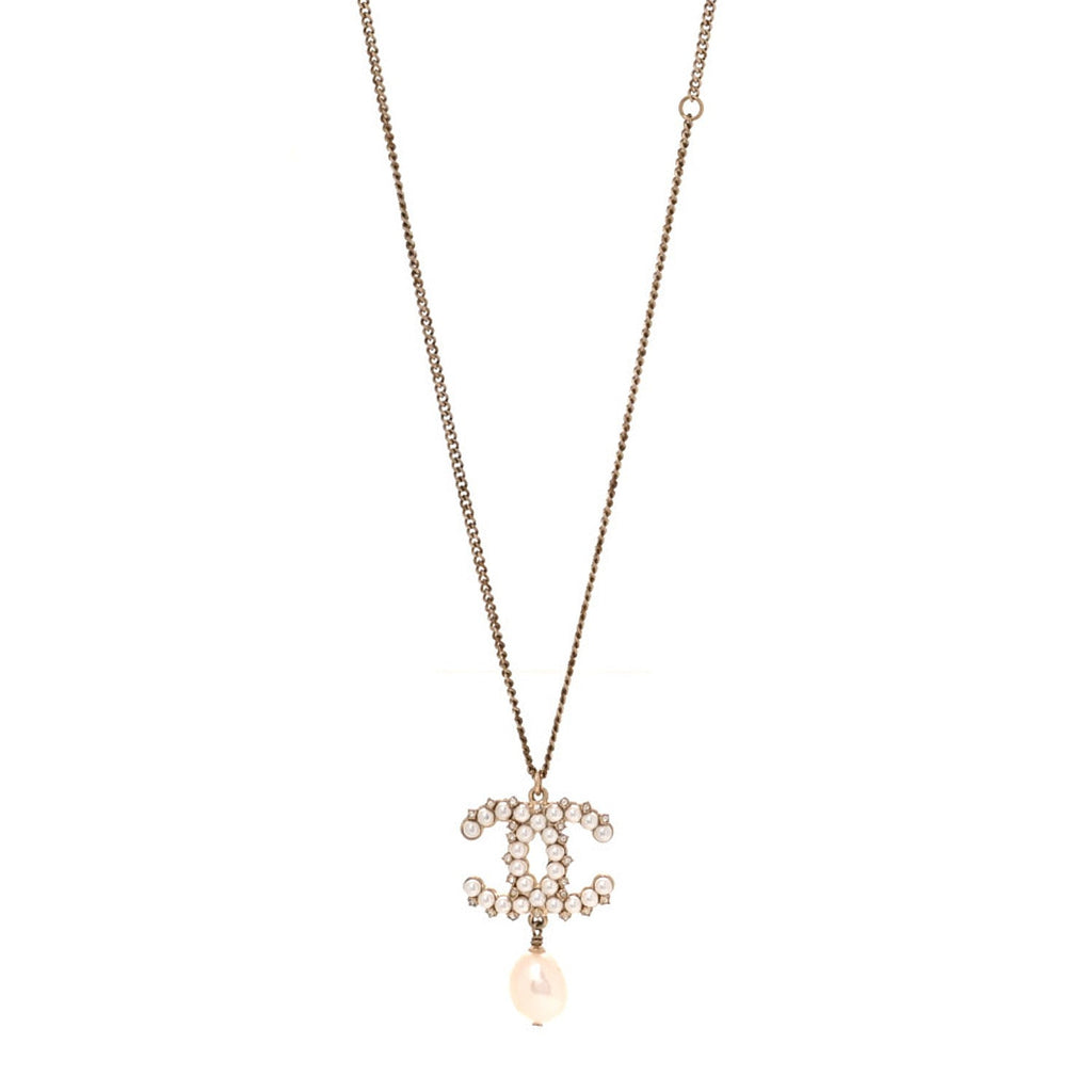 Crystal Pearl CC Drop Necklace Gold