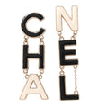 Metal Enamel Cha-Nel Logo Drop Earrings Black White