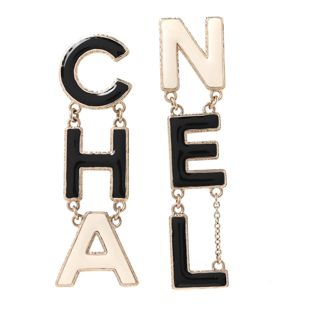 Metal Enamel Cha-Nel Logo Drop Earrings Black White
