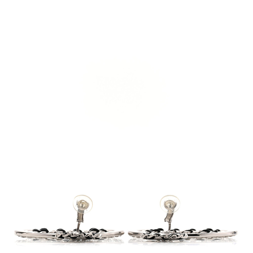 Crystal Lambskin Chain CC Hoop Clip On Earrings Black Silver