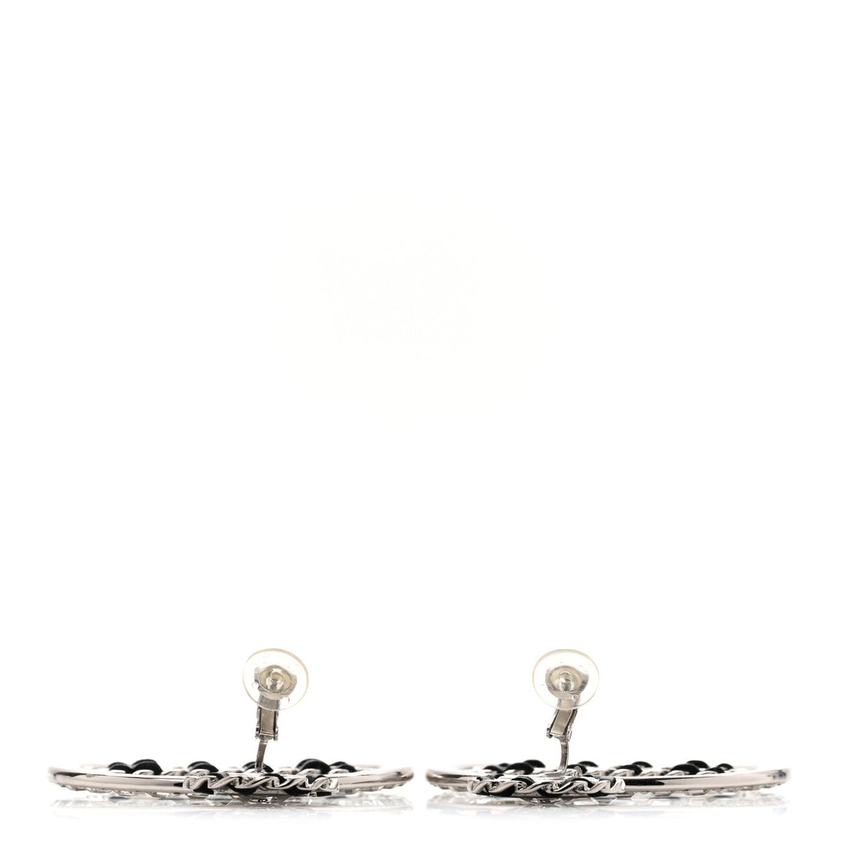 Crystal Lambskin Chain CC Hoop Clip On Earrings Black Silver