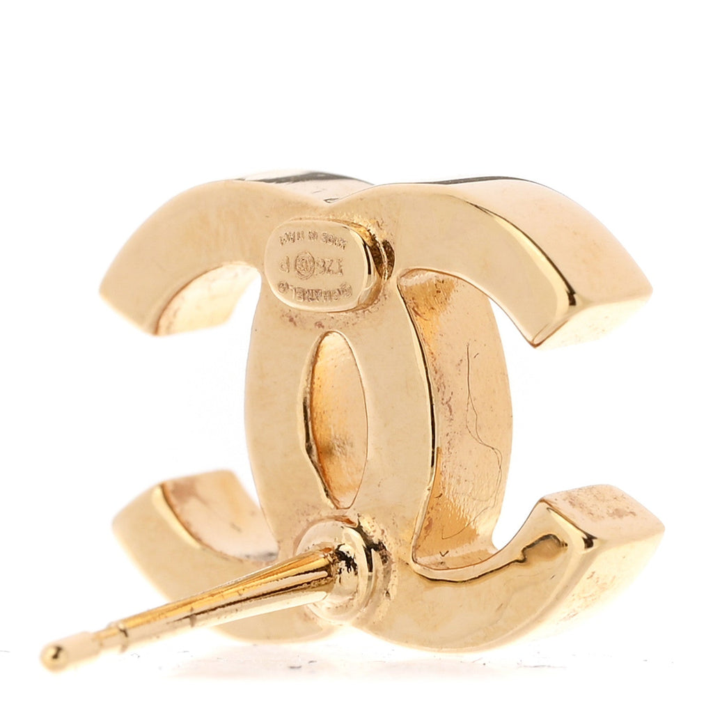 Metal Enamel CC Earrings Gold Biege