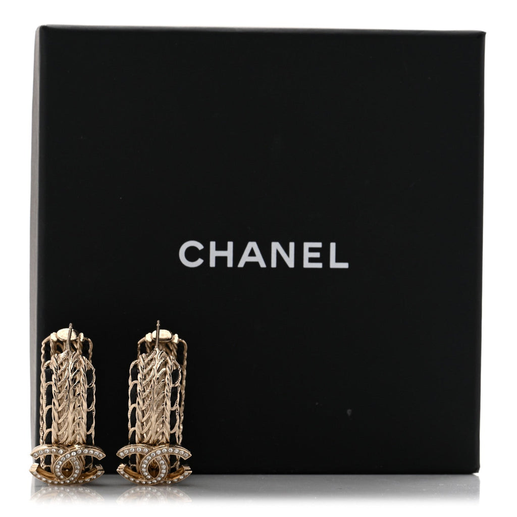 Crystal Lambskin CC Double Chain Hoop Earrings Gold Black