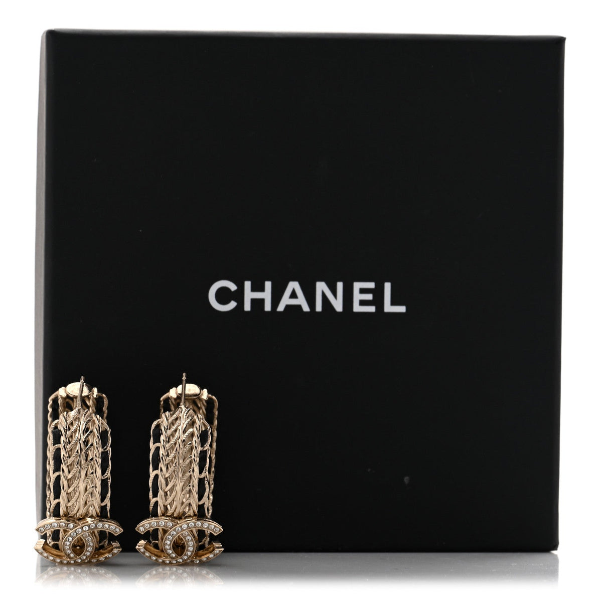 Crystal Lambskin CC Double Chain Hoop Earrings Gold Black