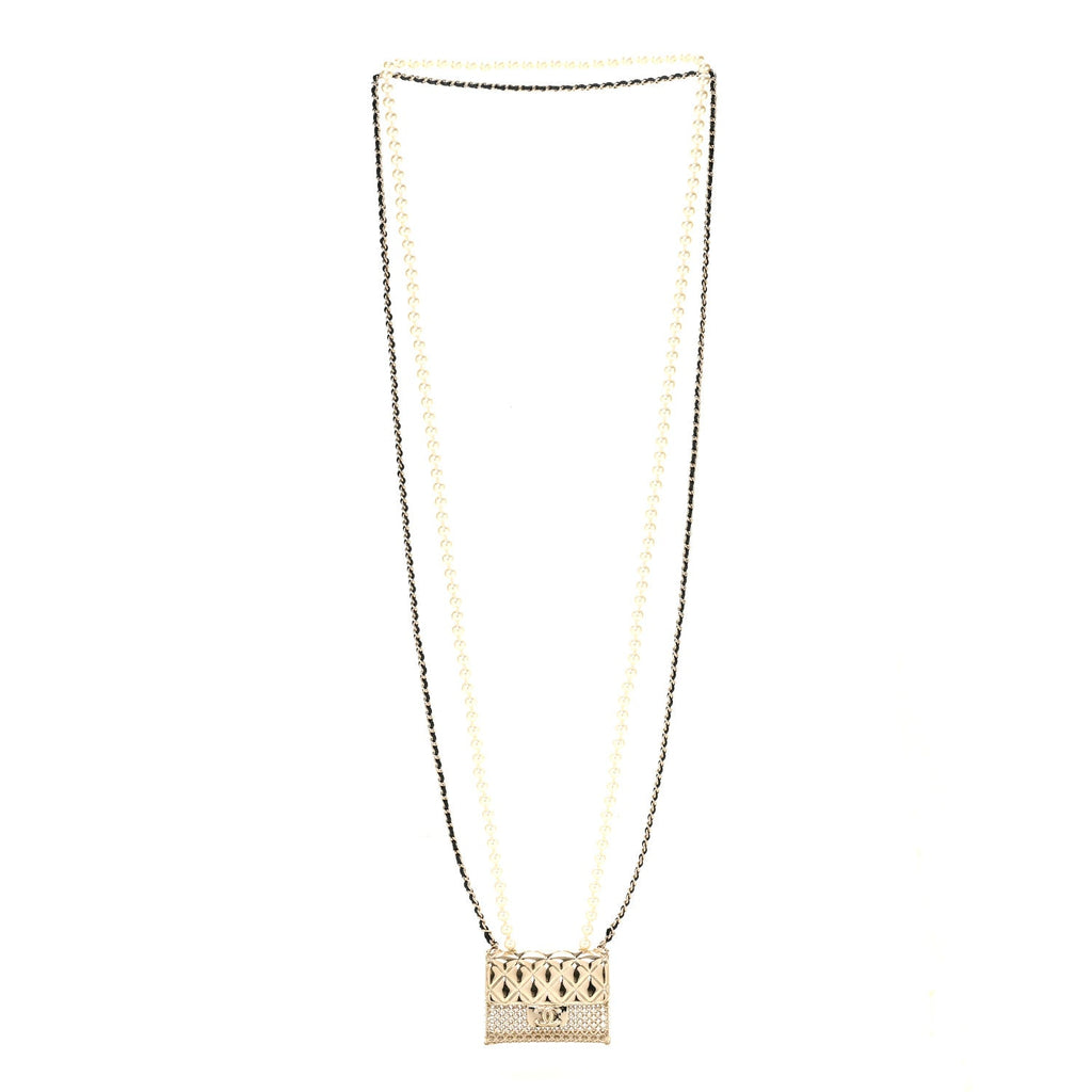 Metal Lambskin Pearl Chain Flap Bag Long Necklace Gold Black Pearly White